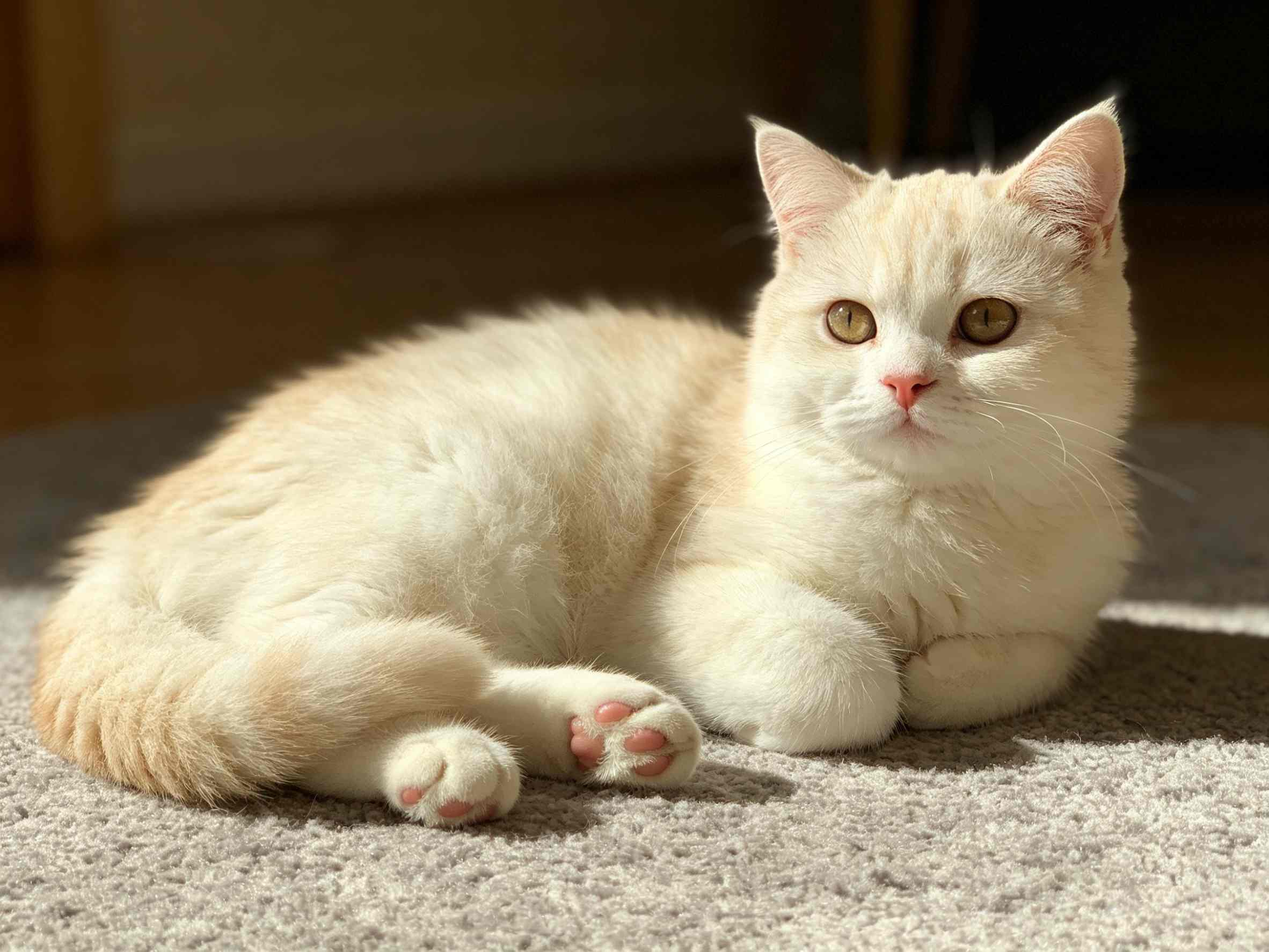 Adorable fluffy cat resting comfortably indoors