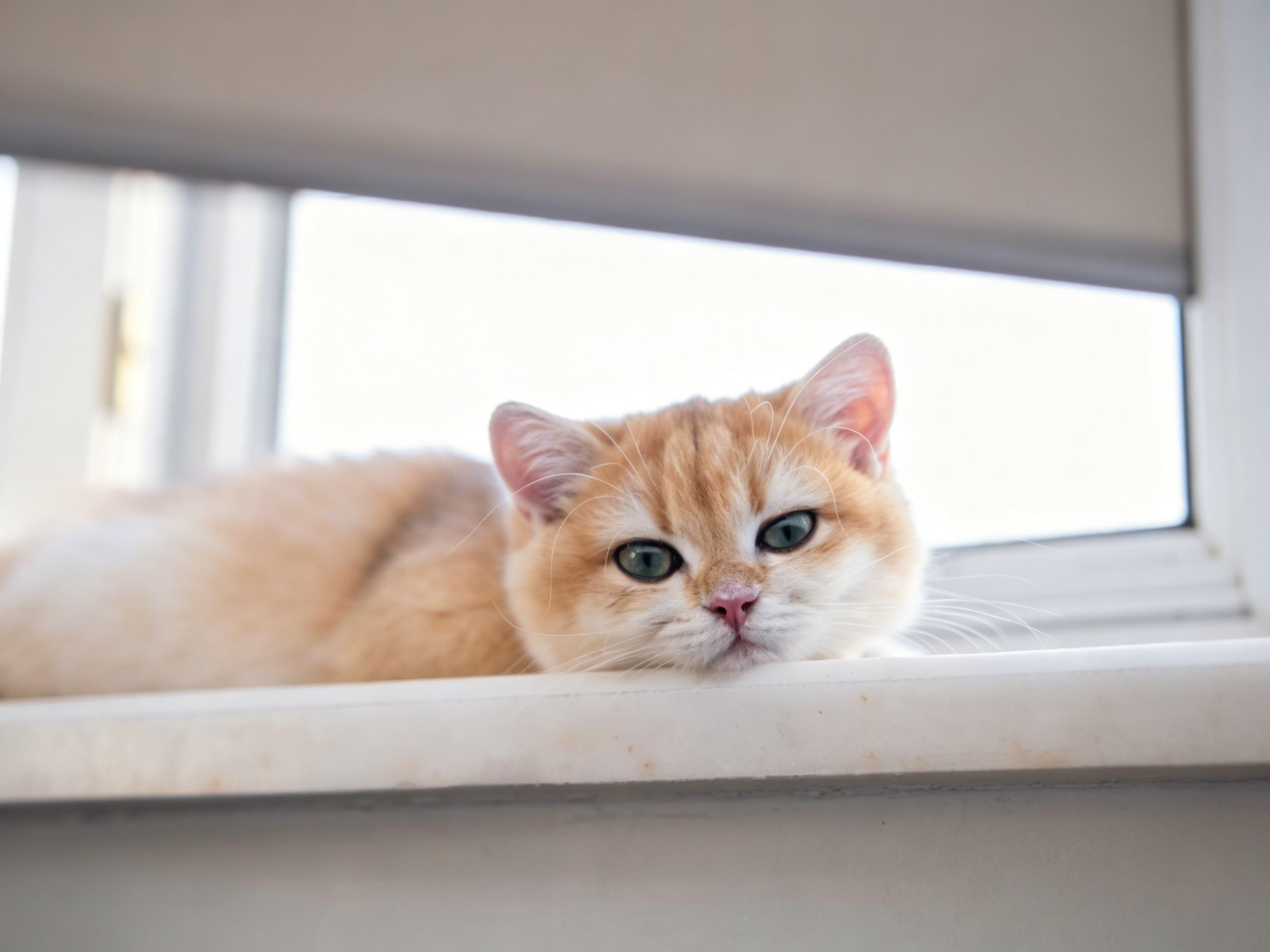 Cute golden British Shorthair cat resting on a sunlit windowsill
