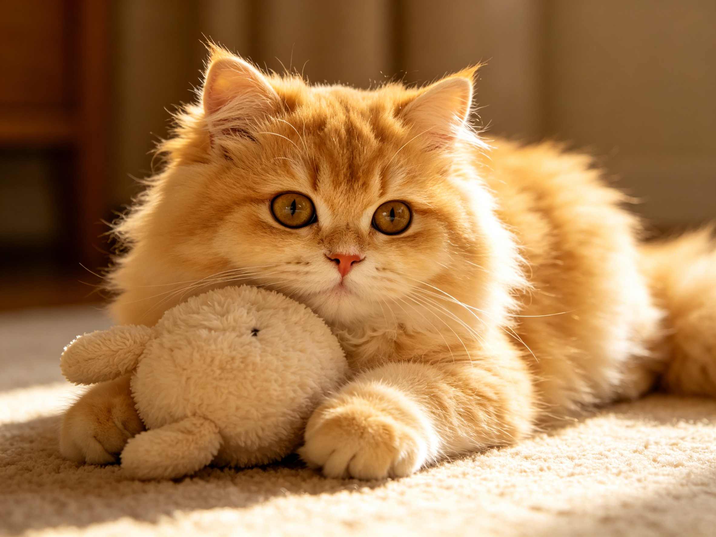 Fluffy golden cat resting with small plush toy in sunlight