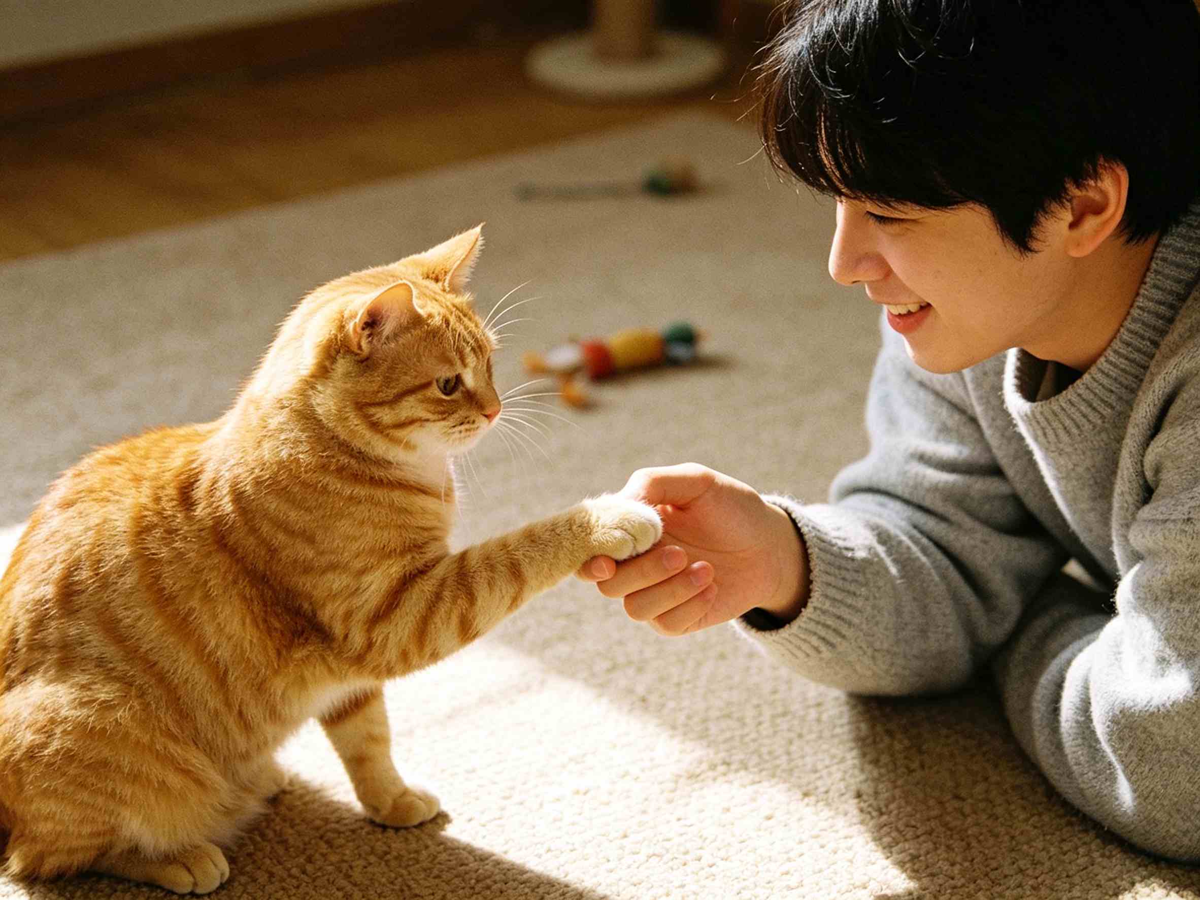Young man high-fiving orange tabby cat on carpet