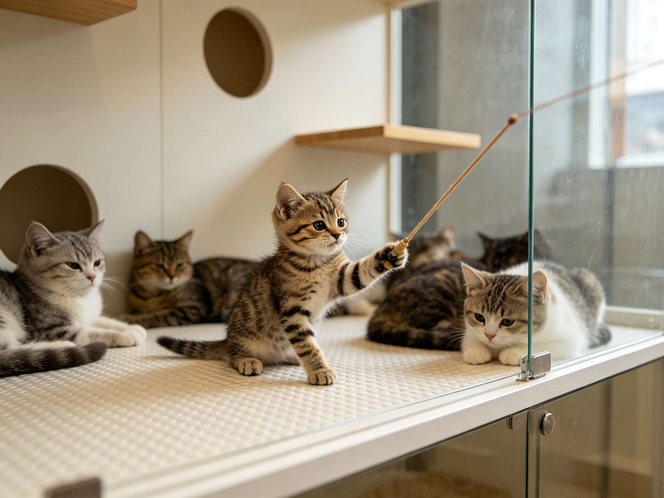 Multiple kittens playing with feather wand inside glass cat boarding enclosure