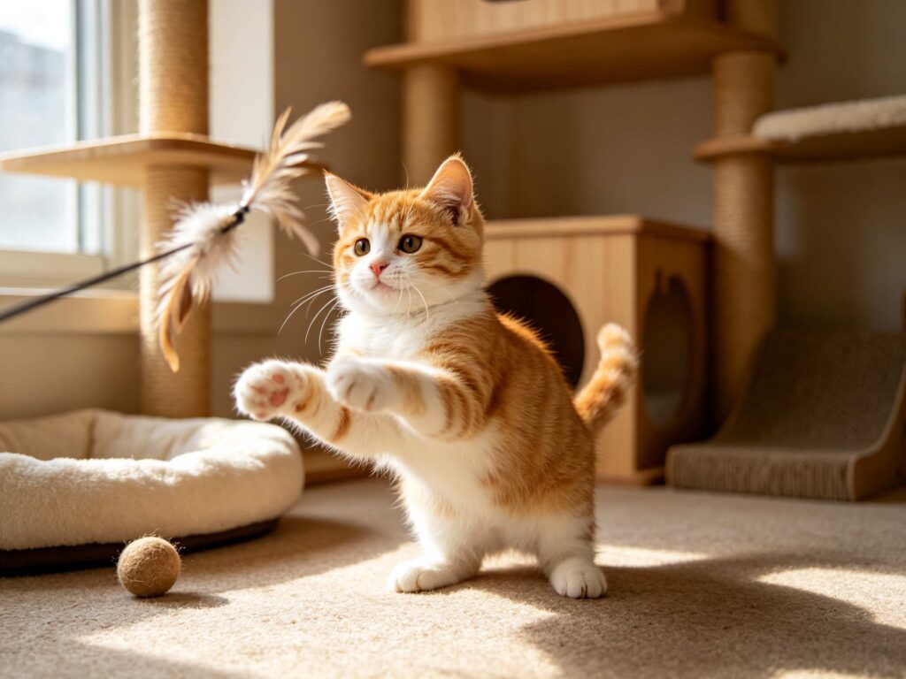 Orange‑white kitten jumping to catch feather teaser wand in cat boarding room