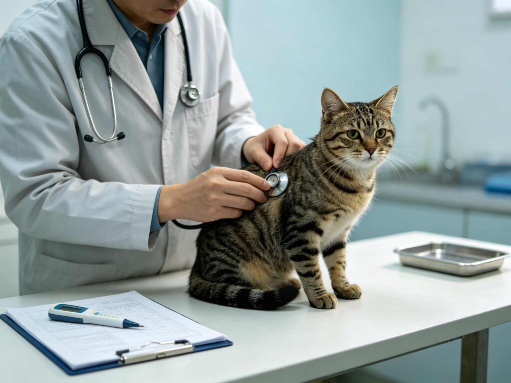 Veterinarian examining tabby cat with stethoscope on vet examination table