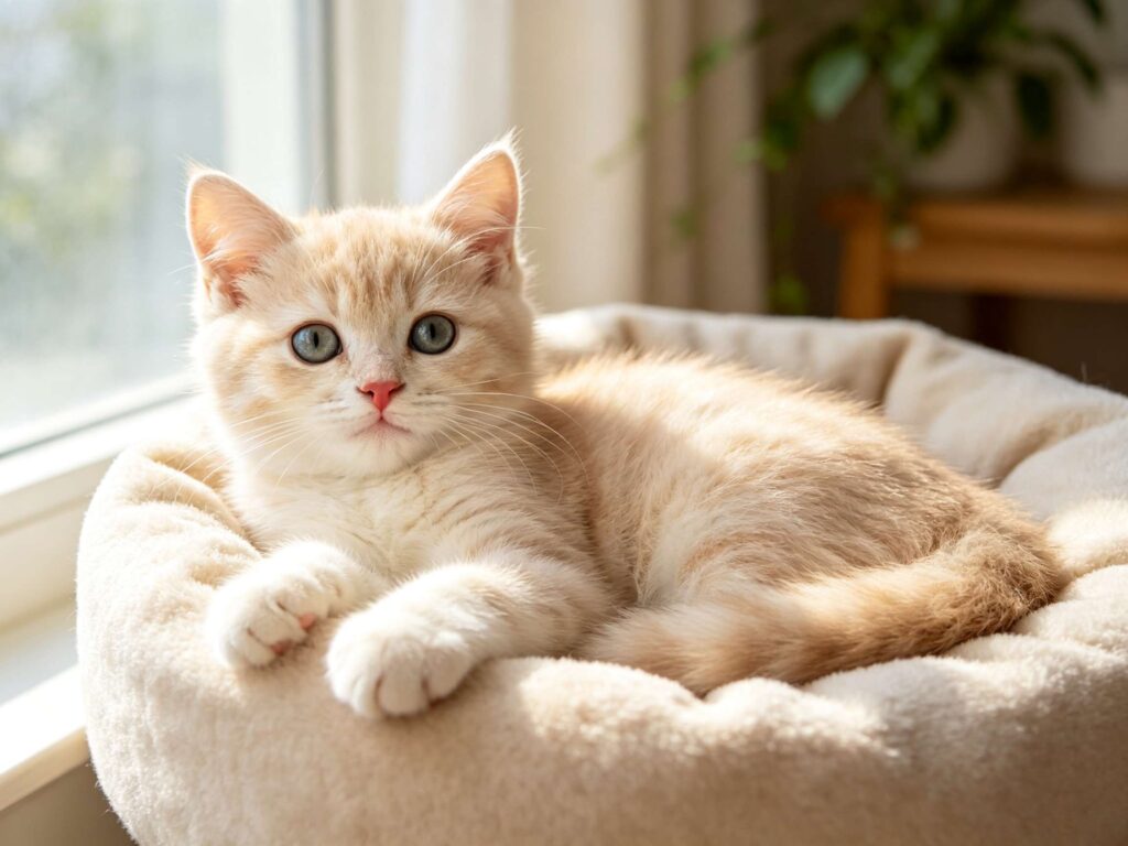 Cream‑colored kitten relaxing on plush pet bed beside sunlit home window