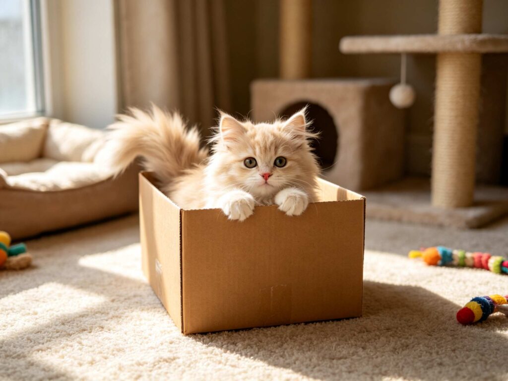 Fluffy light‑orange kitten sitting inside cardboard box surrounded by cat toys in sun‑drenched cat room