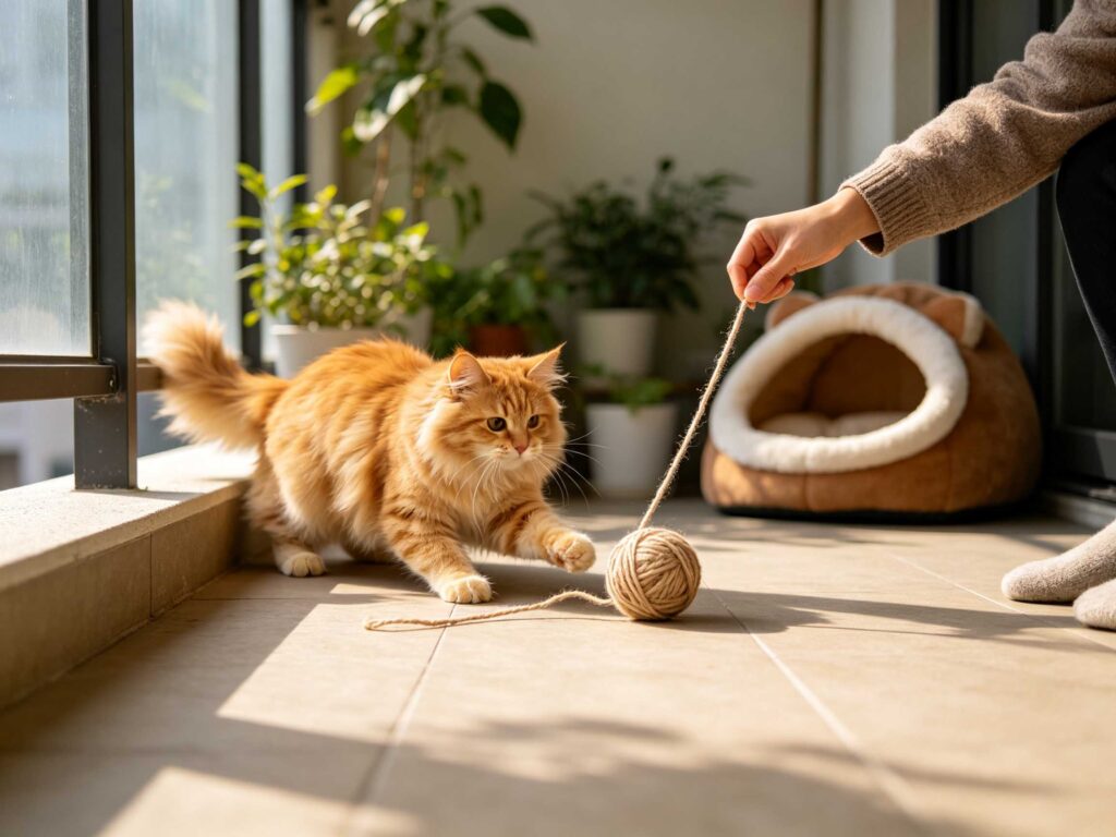 Person playing yarn ball with fluffy orange long‑hair cat on sunlit balcony
