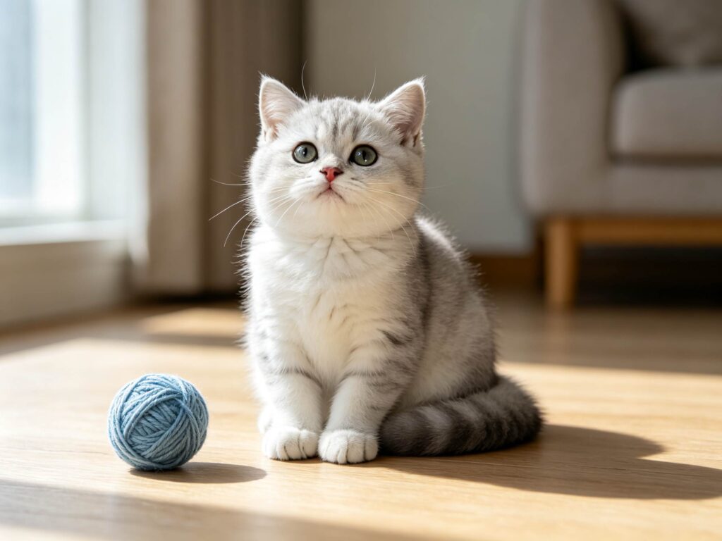 Silver tabby british shorthair kitten sitting on wooden floor next to blue yarn ball in bright living room