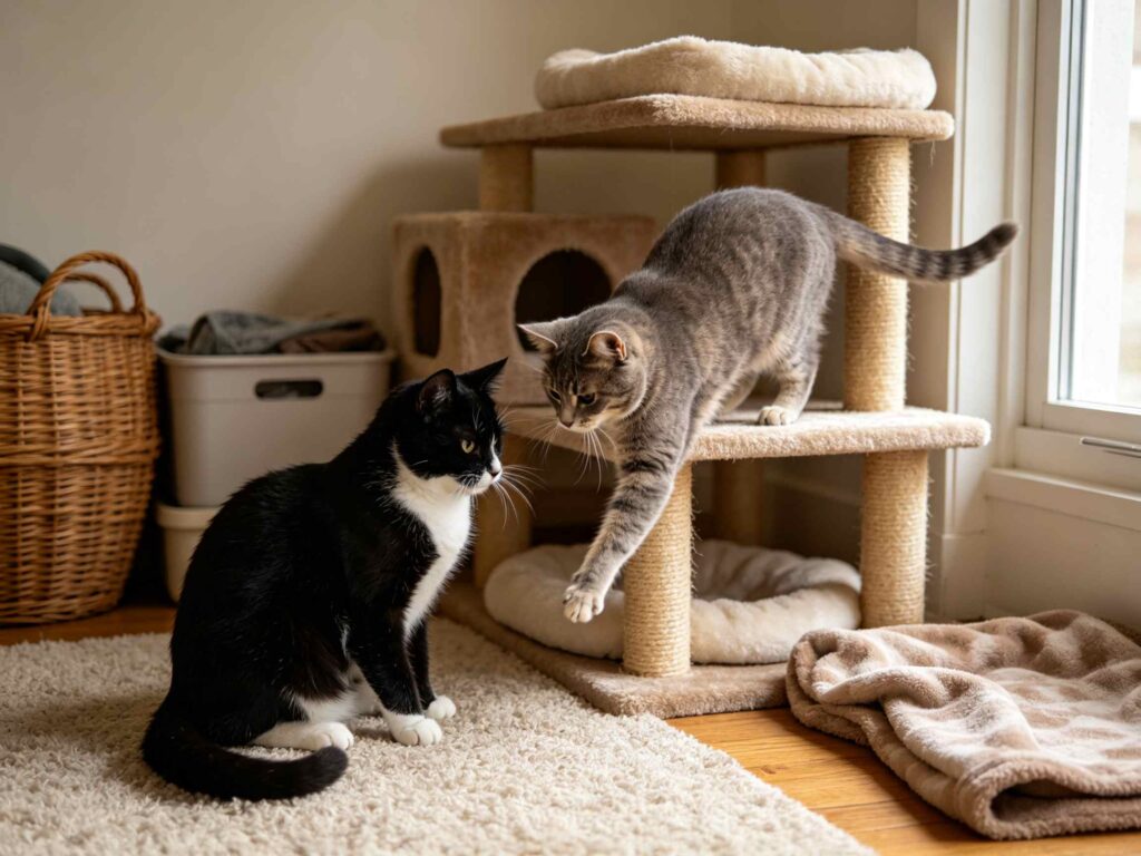 Two domestic cats playing on cat tree inside cozy home