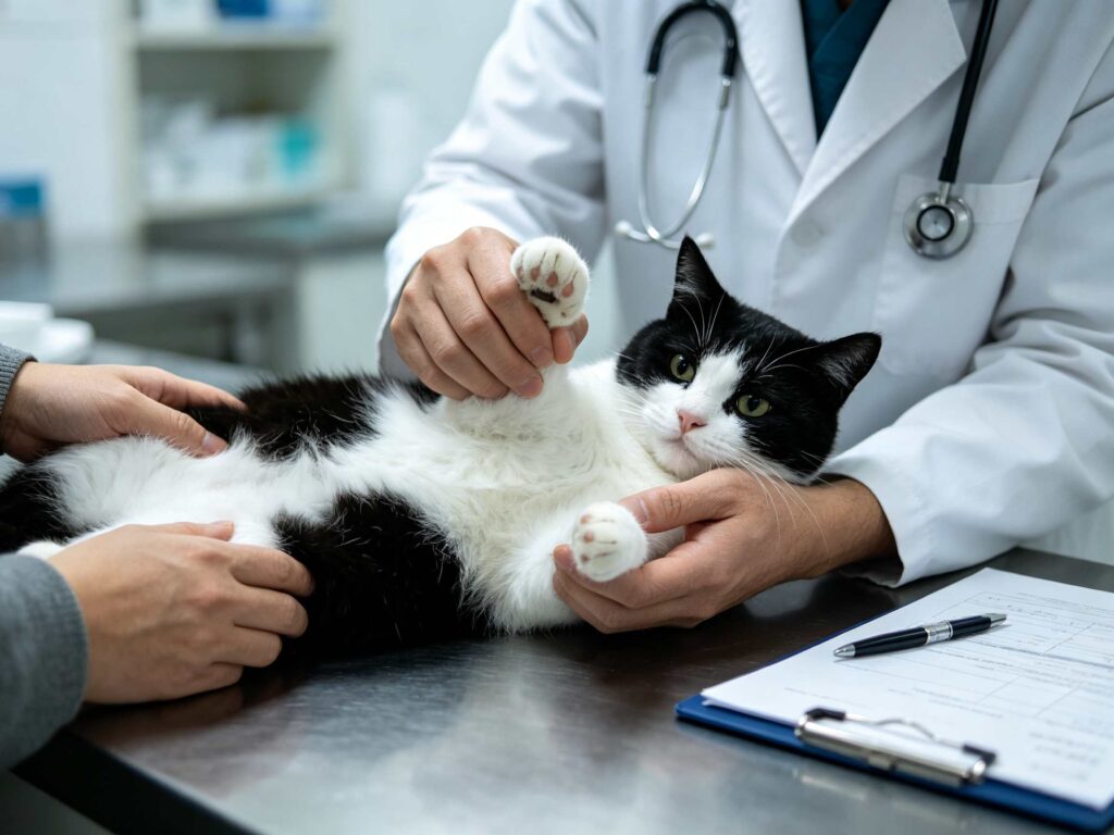 Vet checking paw of black‑and‑white tuxedo cat with owner assisting on metal exam table